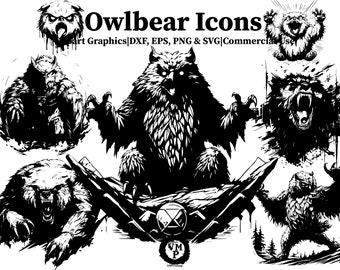 DXF, Eps, SVG & PNG - Set of 40 Dungeons and Dragons Owlbear Icons Bundle - Clipart Graphics - Various Emotions and Poses - Commercial Use