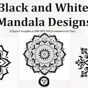 PNG en SVG - set van 54 zwart-witte mandala-ontwerpbundels - bloemen, sneeuwvlokken, harten, levensboom - allemaal voor commercieel gebruik