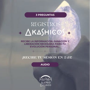 May include: A purple and white graphic with the text "3 PREGUNTAS REGISTROS +AKASHICOS+" and "RECIBE LA INFORMACIÓN, SANACIÓN Y LIBERACIÓN NECESARIA PARA TU EVOLUCIÓN PERSONAL."  The graphic also includes the text "¡RECIBE TU SESIÓN EN 24H!" and "AUDIO".  The graphic features a crystal and a logo with the text "ALEFEO COSMICO".