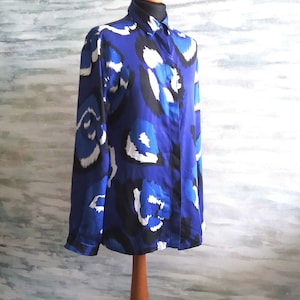 JUST CAVALLI Blue Leopard Effect Long Sleeve  Top, Blue Abstract Print Viscose Top, Long Sleeve Blouse,oral Blouse, Long Sleeve Blouse,