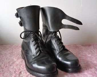 Vintage 80s Army Boots, Military Leather Boots, Combats Boots, Vintage Leather Boots, Shoes with Buckles