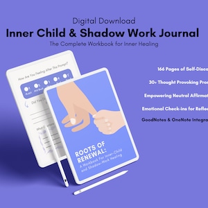 May include: Digital download of a journal titled "Roots of Renewal: A Workbook for Inner-Child and Shadow-Work Healing". The cover features a cartoon illustration of two hands holding each other. The journal is designed to help with inner healing and self-discovery.