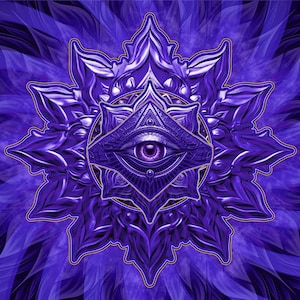 以下が含まれることがあります： 中央に1つの目がある、紫と金のマンダラ。目は複雑な幾何学模様に囲まれています。