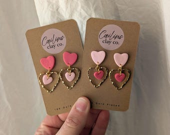 Double Heart Drop Earrings, 18k Gold Plated, Lightweight