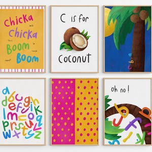 May include: A set of six framed wall art prints featuring illustrations inspired by the book Chicka Chicka Boom Boom. The prints include colorful typography, a coconut, a palm tree, a scattered alphabet, polka dots, and letters on a tree.