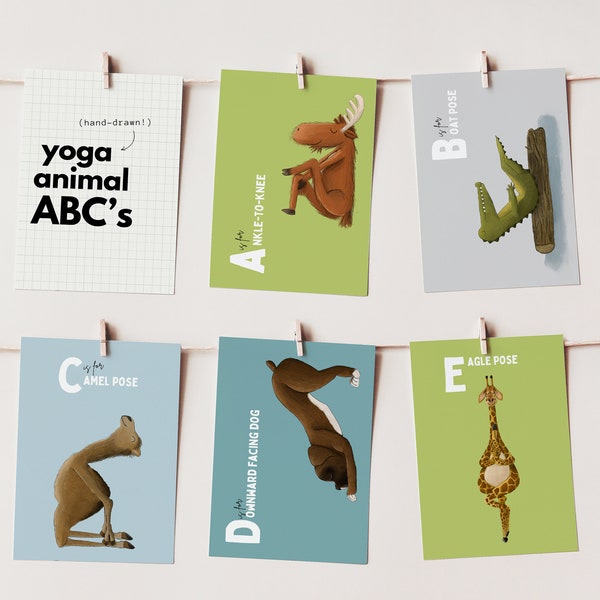 26 ABC Yoga Animal prints,Toddler ABC flashcards,printable kids yoga,Asana pose Practice,Nursery ABC,brain break,illustrated preschool decor