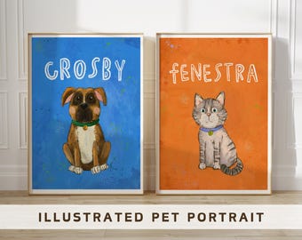 May include: Two illustrated pet portraits, one of a brown and white boxer dog named Crosby and one of a gray and white cat named Fenestra. Both portraits have a white background and are framed in white.
