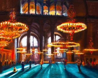 St. Sophia Cathedral in Istanbul. Hagia Sophia. Light. Pastel painting.