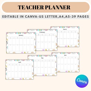 Peut inclure: Un agenda pour enseignants avec des pages de calendrier mensuelles de janvier à juin. L'agenda est modifiable dans Canva et disponible aux formats US Letter, A4 et A5. Le titre "Teacher Planner" est en haut.