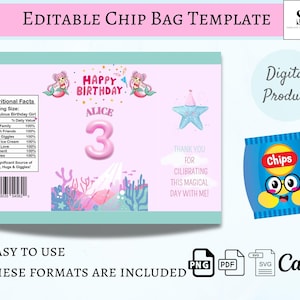 Peut inclure: Un modèle numérique de sachet de chips sur le thème des sirènes. Le design comprend des sirènes, une étoile de mer et le texte "Happy Birthday Alice 3". Un petit sac de chips bleu est également présenté. Le modèle est facile à utiliser et comprend plusieurs formats.