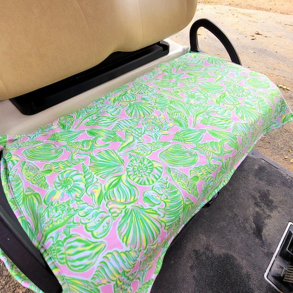 Golf cart seat cover seashells on the green fleece golf blanket with or without terry cloth back reversible golf cart seat cover golf gifts