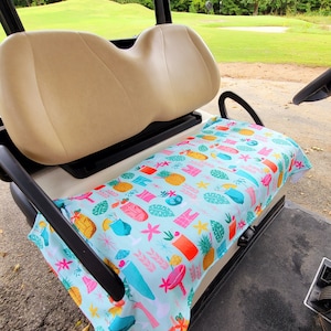 Golf cart seat cover in 19th hole tiki bar drinks fleece golfcart seat blanket with terry cloth back option reversible cover golfer gift