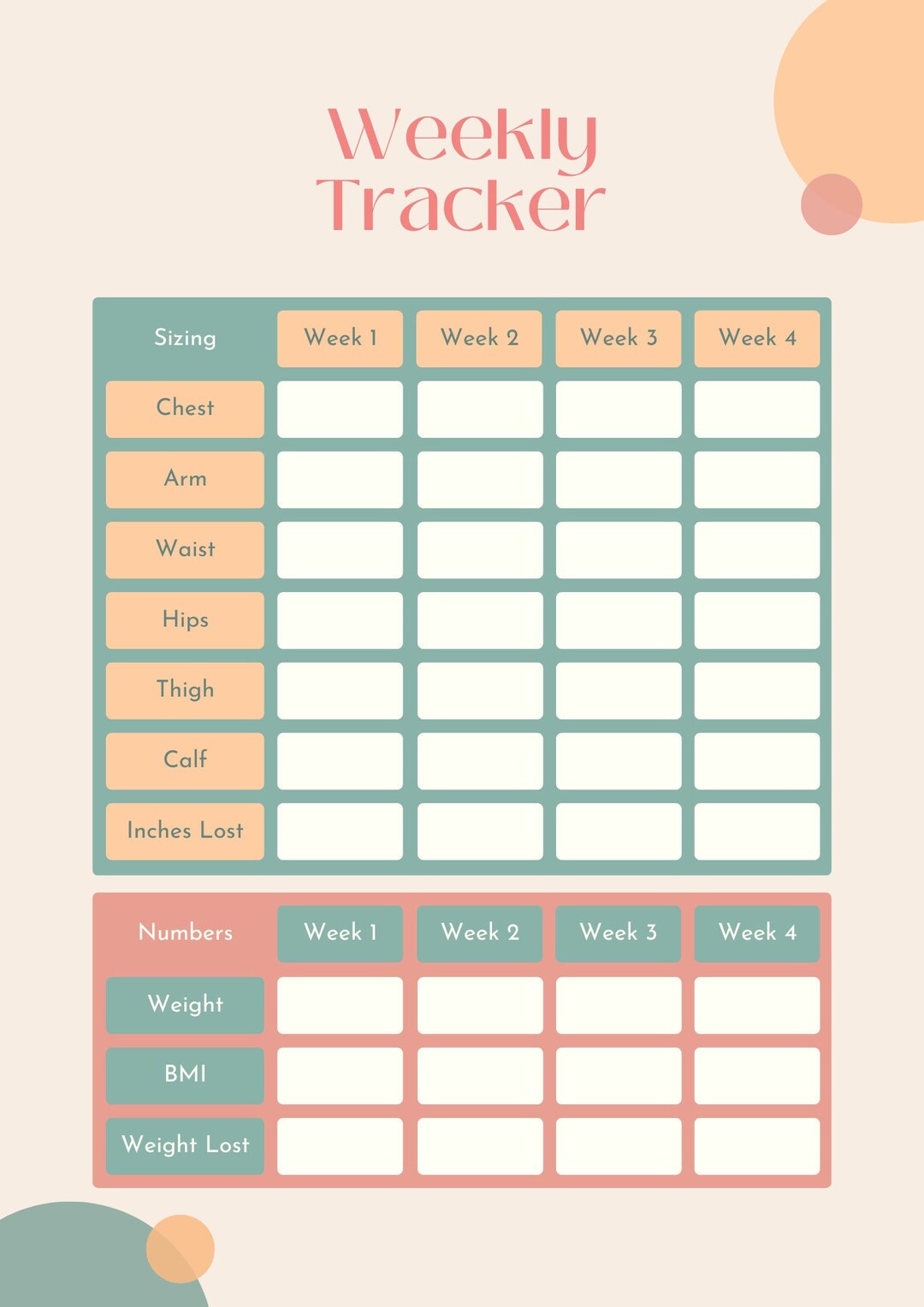 Weekly Printable Body Measurement Tracker Weight Loss Tracker Template ...