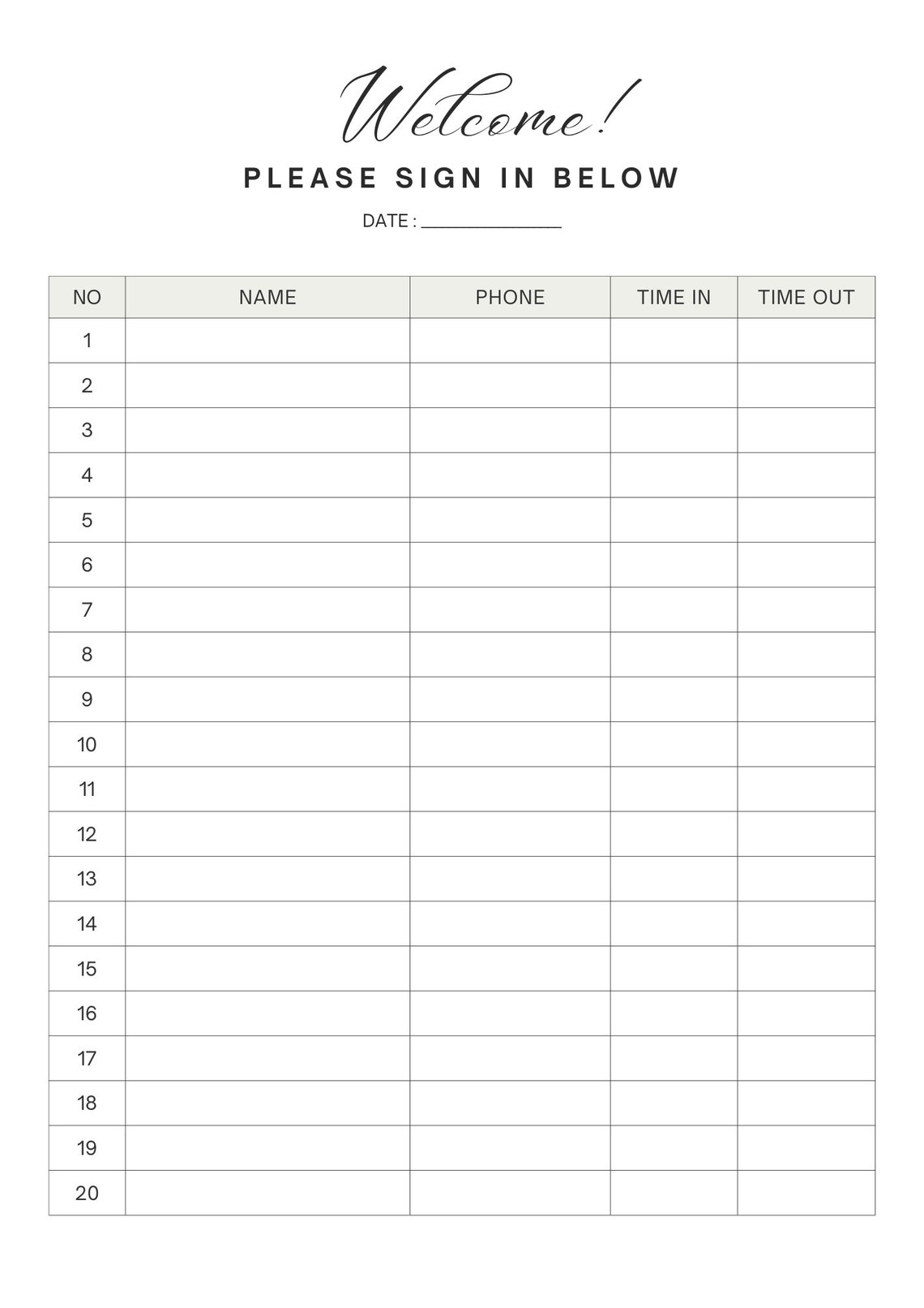 Editable Sign in Sheet Client Sign in Sheet Spa Client Check in Sheet