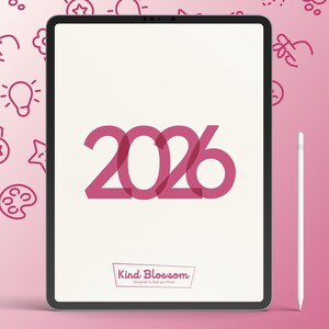 May include: A digital planner on a tablet with the year 2026 in pink. The text reads "ADHD-Friendly Digital Planner" and "Designed to Help You Thrive." A white stylus is next to the tablet. The planner is compatible with GoodNotes and Notability.