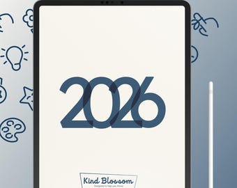 May include: A digital planner on a tablet with the year 2026 in navy blue. The text reads "ADHD-Friendly Digital Planner" and "Designed to Help You Thrive." A white stylus is next to the tablet. The planner is compatible with GoodNotes and Notability.