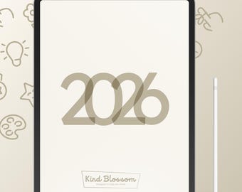 May include: A digital planner on a tablet with the year 2026 displayed. The text reads "ADHD-Friendly Digital Planner" and "Designed to Help You Thrive." A white stylus is next to the tablet. The planner is compatible with GoodNotes and Notability.