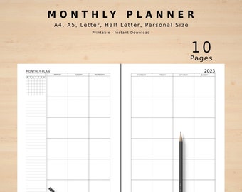 Monthly Printable Planner Calendar For Planning Your Month, Undated Calendar and Overview, Monthly Organizer 2023 Two 2 Page Planner Insert