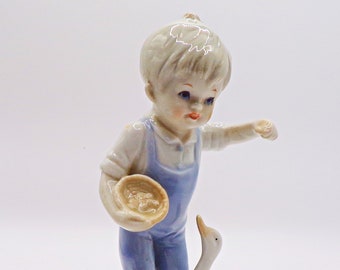 Boy Figurine Boy Feeding Goose Nursery Decor Baby Shower Gift Vintage Figurine