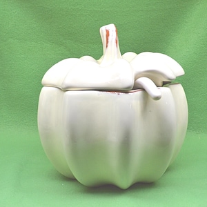 White Pumpkin Soup Tureen with Ladle: Glazed Terra Cotta Serving Bowl