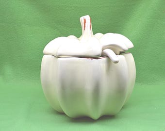 White Enamel Pumpkin Soup Tureen: 10 Cup Terra Cotta with Matching Ladle