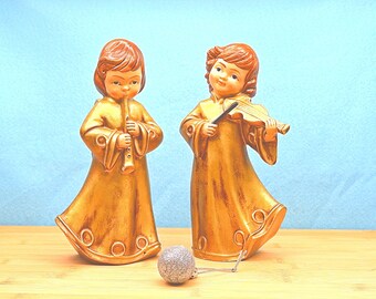 Norcrest 1960s Ceramic Angel Figurines – Gold Musical Christmas Decor