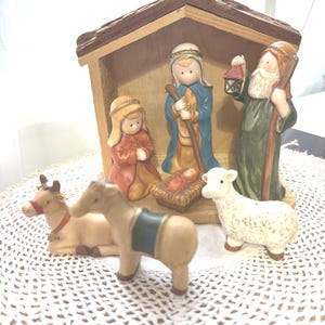 Vintage Christmas Nativity Set | Family Christian Stores | Wooden Manger Scene with Ceramic Figures | Rustic Christmas Decor Christmas Gift
