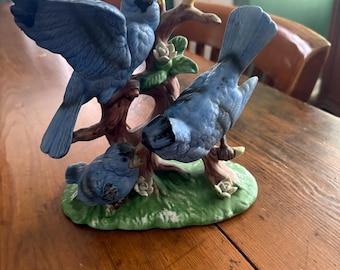 Vintage Blue Jay Family Figurine - 1960s Sculpture - Cozy Nature Vibes - Cottagecore Decor - Wholesome Bird Collectible