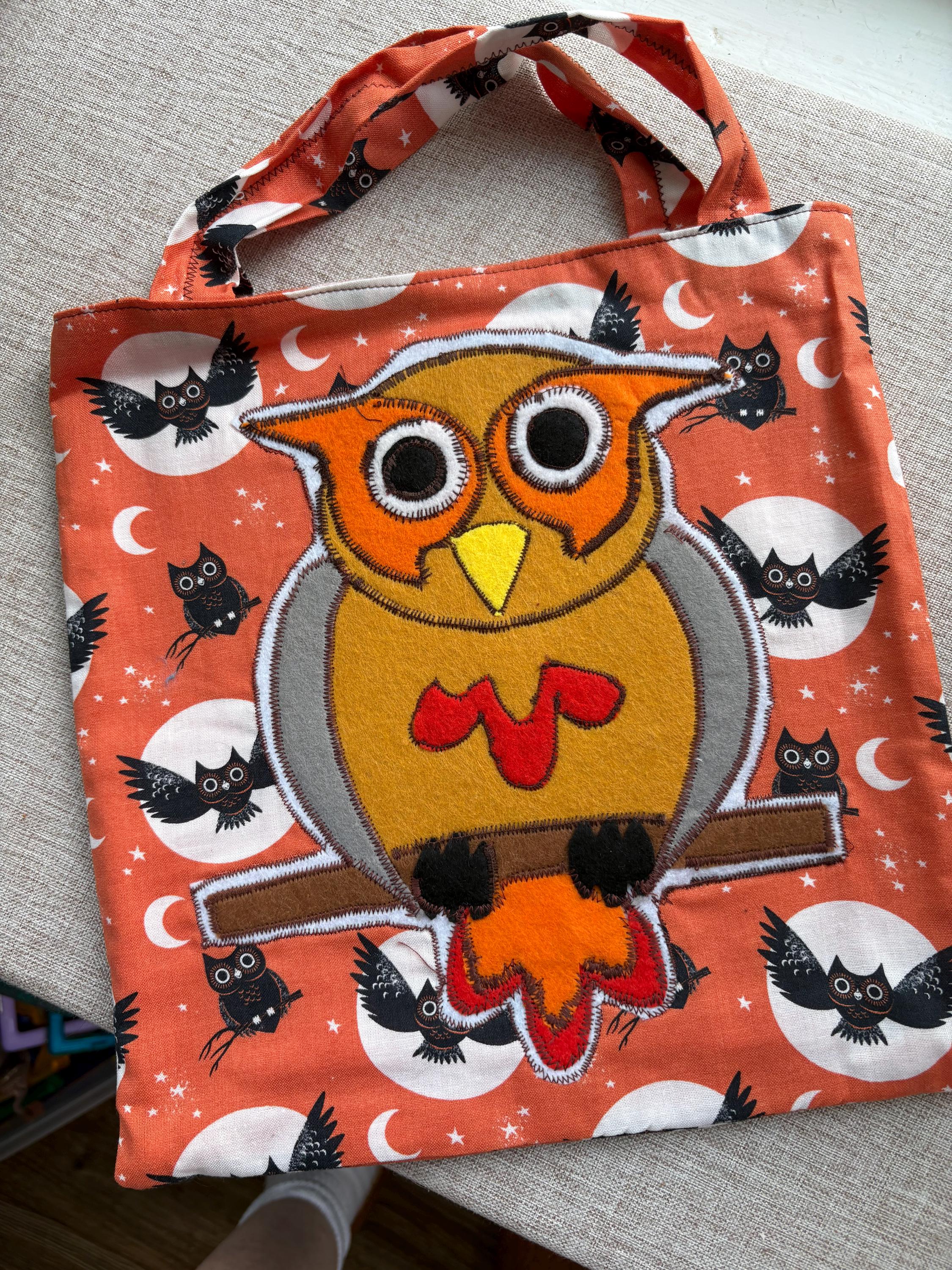 Handmade Halloween Trick or Treat Bag | Owl Tote Bag | Reusable Halloween Candy Bag | Bat and Moon F