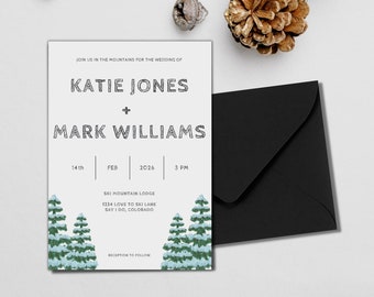 Join Us In The Mountains Wedding Invitation Set, Skiing Wedding Invitation, Mountain Modern Print Wedding Invite Set, Canva Editable