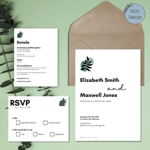 Modern Wedding Invitation, Outdoor, Minimalist Leaf Wedding Invitation Suite, Canva Editable