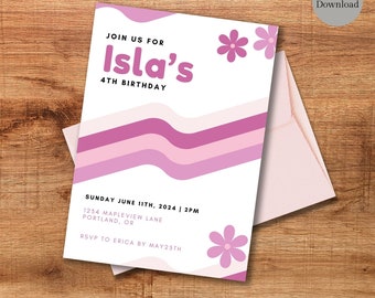 Retro Birthday Invite for Kids, Little Girls Birthday Invitation, Girly Birthday Invitation, Flower Power Birthday Invite