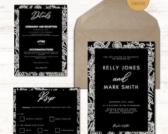 Puede incluir: Conjunto de invitaciones de boda en blanco y negro con diseños florales. La tarjeta de invitación presenta el texto "Están invitados a celebrar la boda de Kelly Jones y Mark Smith" con la fecha y los detalles de la ubicación. La tarjeta RSVP incluye una lista de verificación para que los invitados confirmen su asistencia y su preferencia de comida.
