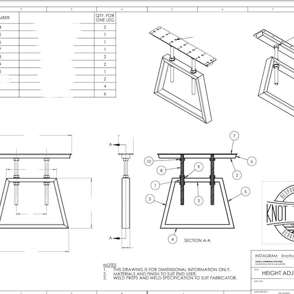 Knot to steel Height adjustable table drawings
