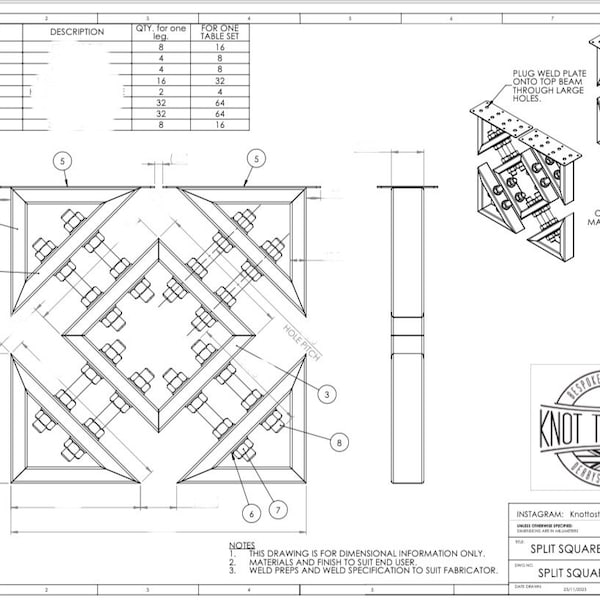 geteiltes quadratisches Tischbein PDF Zeichnungen