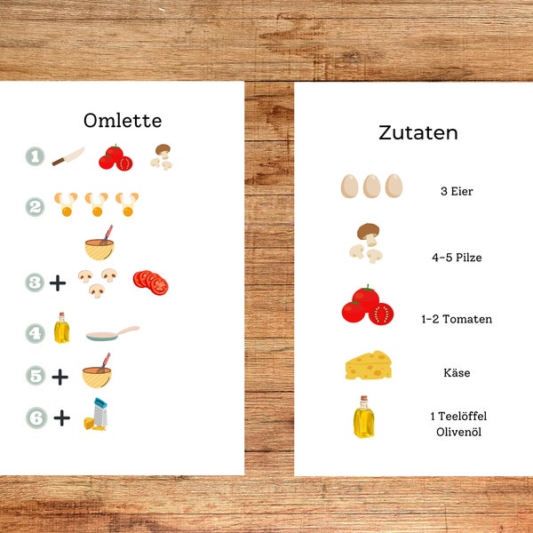 Recette Omlette Montessori | Cuisiner avec les enfants | Recette avec des images pour les tout-petits | cartes de recettes visuelles pour cuisiner avec les enfants | recette d'image