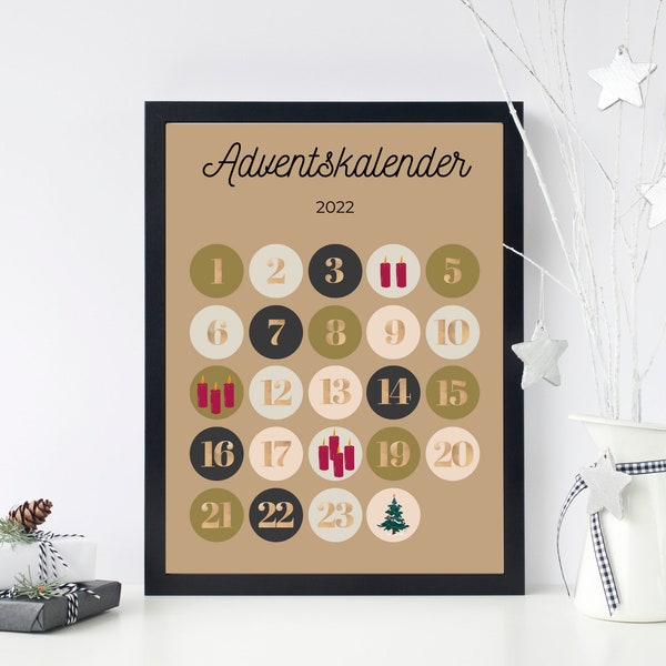 Advent calendar 2022 image | Posters to print yourself | Decorative and modern | A2 size | with symbols and numbers