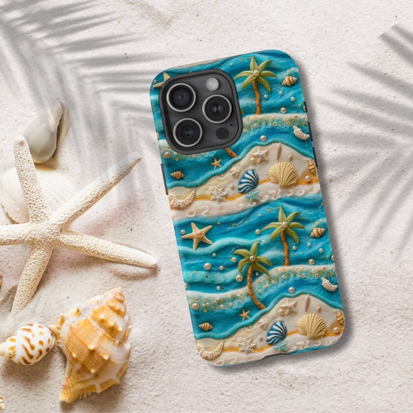Ocean Phone Case, 3D Faux Embroidery, Summer Phone Case, Palm Trees, Seashells, Beach Phone Cover