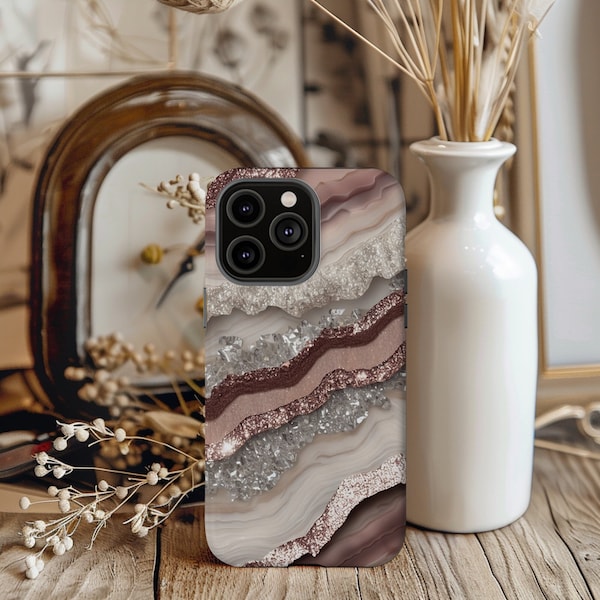 Rose Gold Ivory Faux Geode Phone Case Agate Marble iPhone Cover Quartz Crystal Texture Aesthetics Bling & Glam Accessory Unique Gift for Her