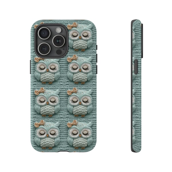 Adorable Sleeping Owl Phone Case, Pastel Turquoise 3D Faux Knit Textured Cover, Bow Detail, Gift for Animal Lovers, iPhone, Samsung, Pixel