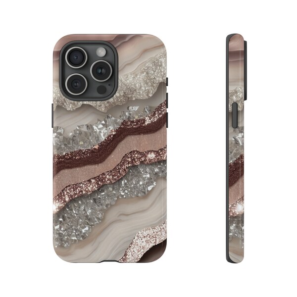 Rose Gold Ivory Faux Geode Phone Case Agate Marble iPhone Cover Quartz Crystal Texture Aesthetics Bling & Glam Accessory Unique Gift for Her