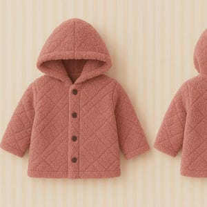 Peut inclure: Veste à capuche rose poudré avec un motif matelassé. La veste a une fermeture à boutons sur le devant et une capuche. L'image montre le devant et le dos de la veste. La veste est en matière douce et texturée.