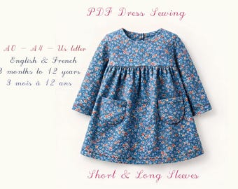 Girls Dress Sewing Pattern PDF | 3 Months to 12 Years | Long & Short Sleeves