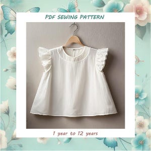 Patrón de costura para blusa con mangas acampanadas y volantes, diseños de blusas para niñas - Tallas de 1 a 12 años - Archivos PDF tamaño A4, carta de EE. UU., compatibles con proyectores