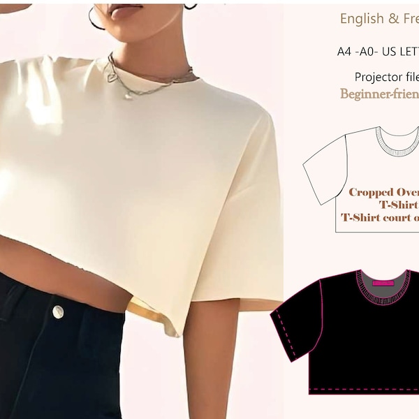 Cropped Oversized T-Shirt Top Sewing Pattern - Projector File - Beginner- Friendly