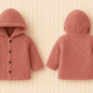Peut inclure: Veste matelassée corail avec capuche, montrée de face et de dos. La veste a une fermeture à boutons et un motif en losanges. La capuche est attachée, et la veste semble être faite d'une matière douce et texturée. Veste pour enfants.