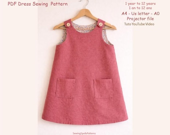 Molde de costura digital para meninas – Vestido reversível em linha A e trapézio, de 1 a 12 anos