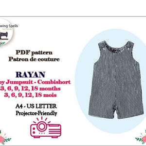 May include: PDF sewing pattern for a baby jumpsuit or combishort. The pattern is available in sizes 3, 6, 9, 12, and 18 months. The pattern is projector-friendly and can be printed on A4 or US Letter paper. The image shows a black and white striped jumpsuit.