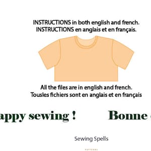 Pode incluir: Um gr&aacute;fico de um design de camiseta simples com o texto "INSTRUCTIONS in both english and french. INSTRUCTIONS en anglais et en fran&ccedil;ais. All the files are in english and french. Tousles fichiers sont en anglais et en fran&ccedil;ais Happy sewing! Bonne couture! Sewing Spells"
