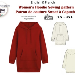 Women's Long Hoodie Digital Sewing Pattern - Sweatshirt sewing pattern- Projection file included- Projector file included